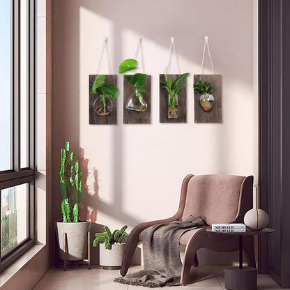 Marooma 2 Pcs Wall Hanging Glass Vases, Solid Wood Wall Mounted Glass Vase, Clear Terrarium Display Vase for Hydroponic Flowers Plants, Home Office Garden Decor (A)