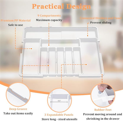 Spaclear Large Silverware Drawer Organizer Expandable Kitchen Utensil Organizer BPA Free Flatware Cutlery Holder Tray Adjustable Plastic Drawer Divider Storage for Forks Knives 6-9 Slots White
