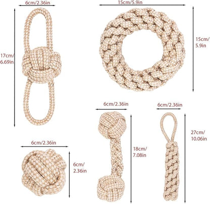 Rope Toys for Small and Medium Dogs, Chew Toys for Aggressive Chewers, Handwoven Cotton & Hemp Chew Toys with Knot and Ball, Interactive Toys for Tug of War, Training, Gum Massaging (5Pcs, Hemp Toys)