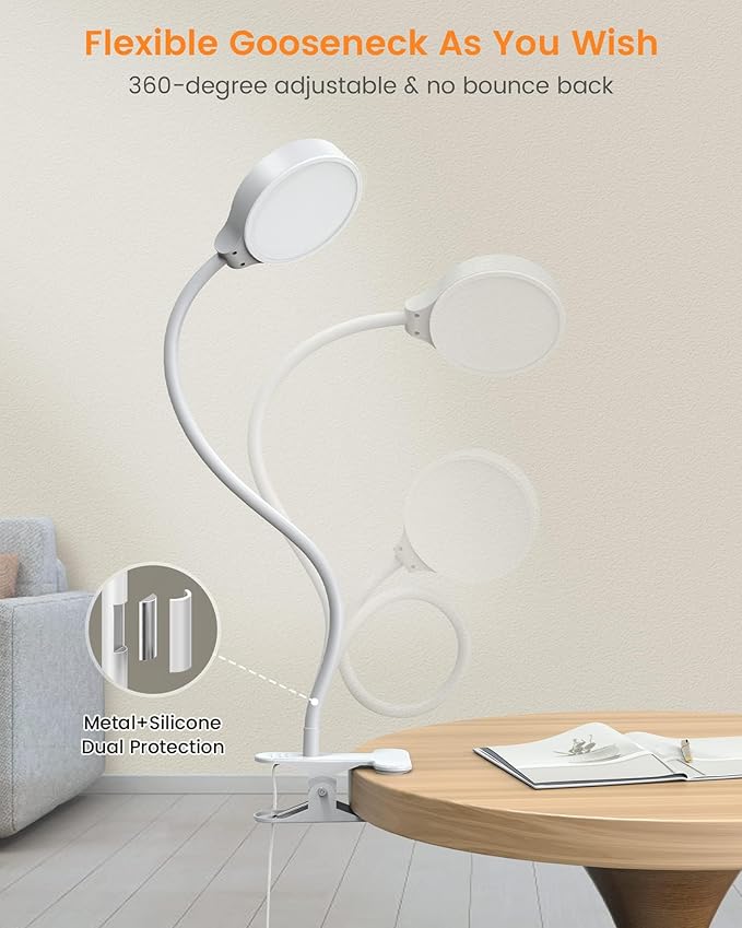 Glocusent 5W 36 LED Reading Clip on Light for Bed, Eye Caring Bed Lamp, 3 Colors & 5 Brightness Levels for Headboard with Adapter, Perfect for Reading, Working & Studying (White with Remote)
