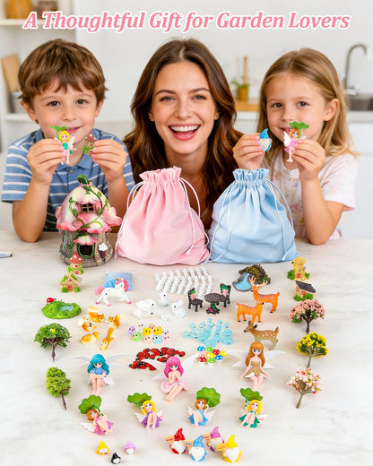 113PCS Fairy Garden Accessories Kit with Solar Light-Up House & 2 Gift Bags – Waterproof Resin Miniature Fairy House & Accessories for Indoor & Outdoor Terrarium, Planter & Garden Decor Gift