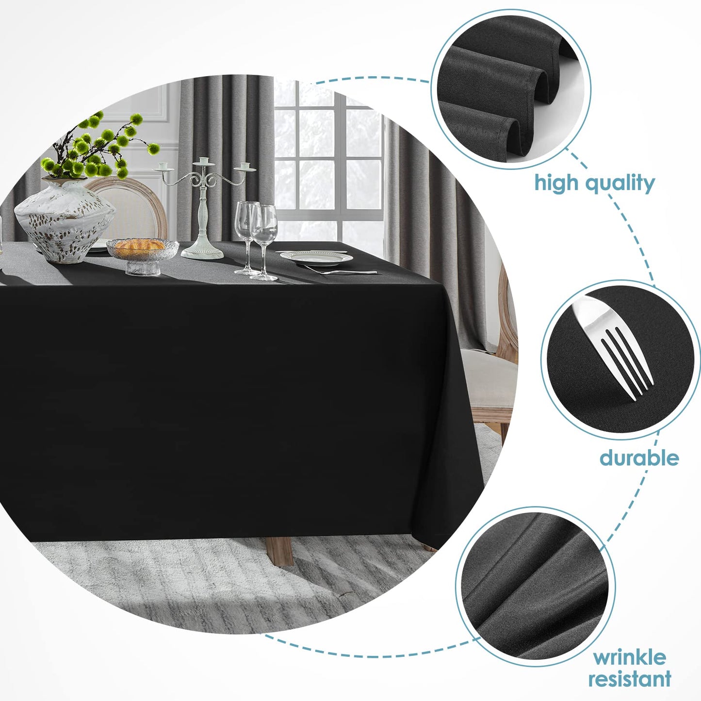 VidaFete 1 Pack Tablecloth 90 * 132inch Rectangle Table Cloth Polyester, Stain Wrinkle Resistant Polyester Dining Table Cover for Kitchen Dinning Party Wedding Tabletop Buffet Decoration(Black)