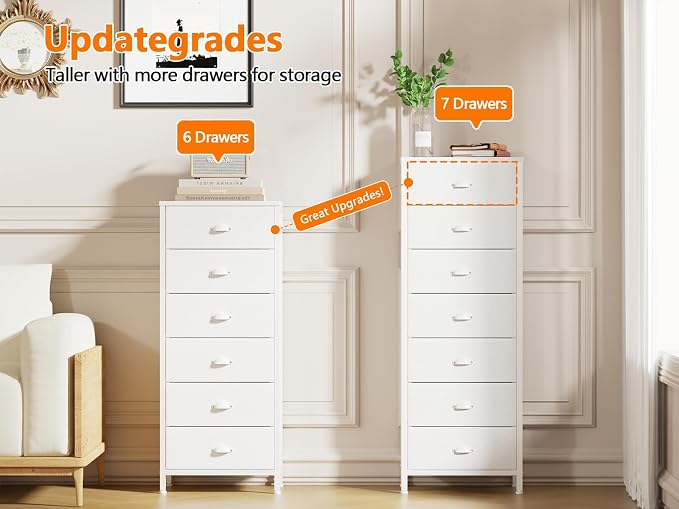 Furnulem White Tall Dresser for Bedroom with 7 Drawers, Vertical Chest of Drawer in Closet, Nightstand Storage Tower Unit Organizer with Fabric Bins for Dorm,Living Room,Entryway,Hallyway