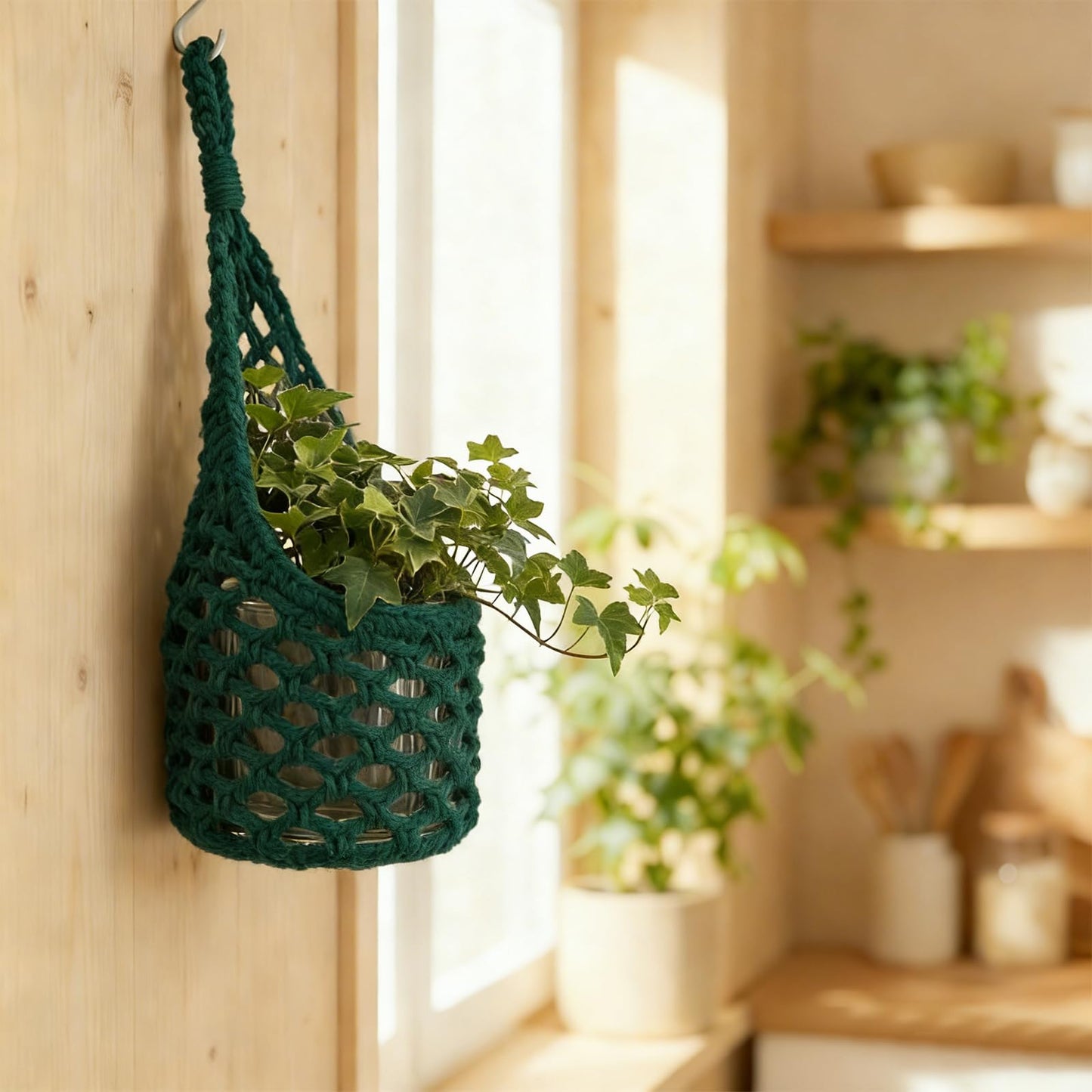 HOREAKHJ Macrame Wall Plant Hanger, Hanging Planter Basket Holder, Wall Planters for Indoor Plants, for Up to 6 Inch Pot (Green, 6-Inch)