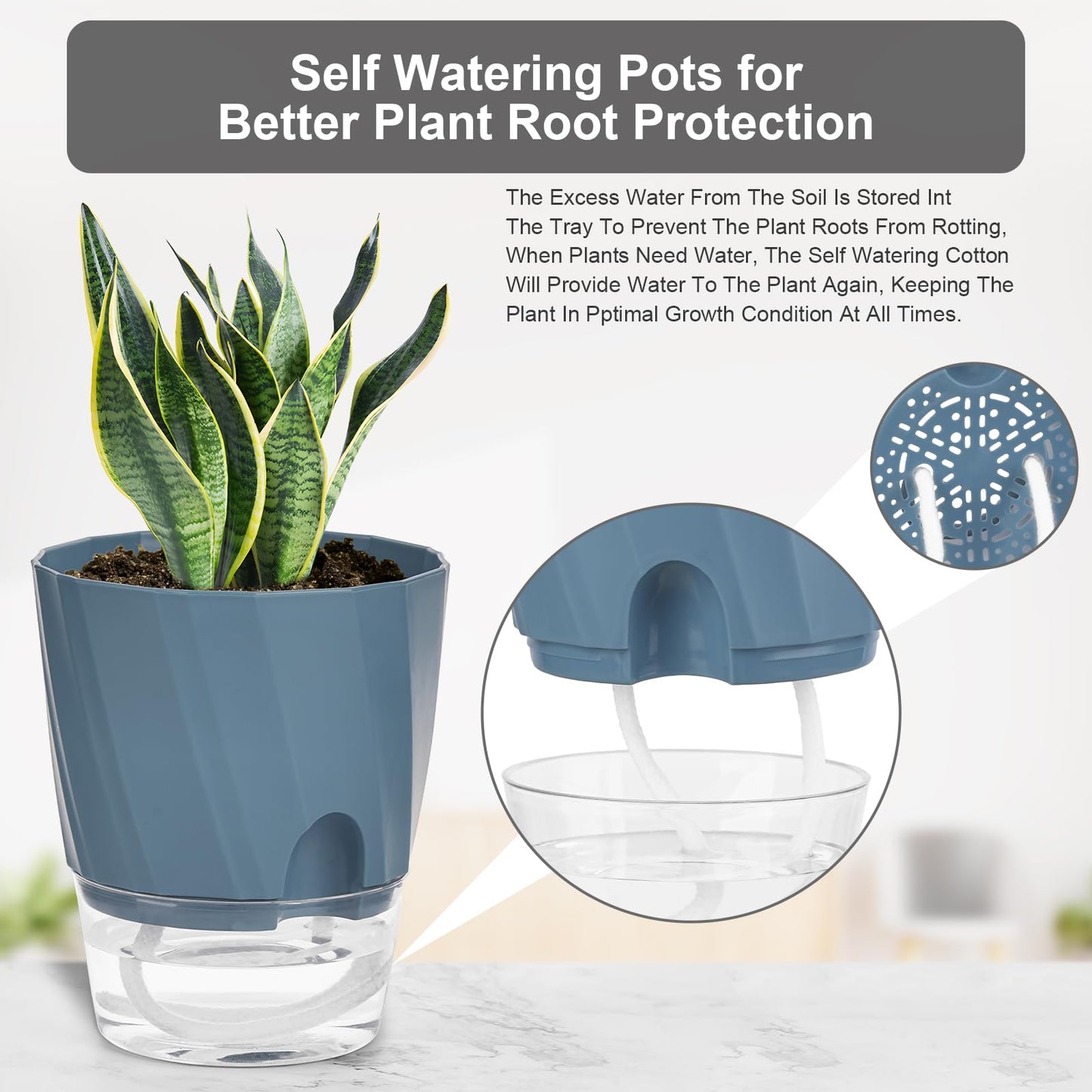 Self Watering Plant Pots 6 Inch, 3 Pack Plastic Indoor Planters with Wick Rope and Reservoir, Decorative Flower Pots for Spider Plant, Orchid, African Violet, Home Office Decor (White, Pink, Blue)