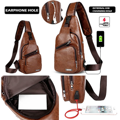 Peicees Leather Sling Bag Mens Crossbody Chest Bag Sling Backpack with USB Charge Port