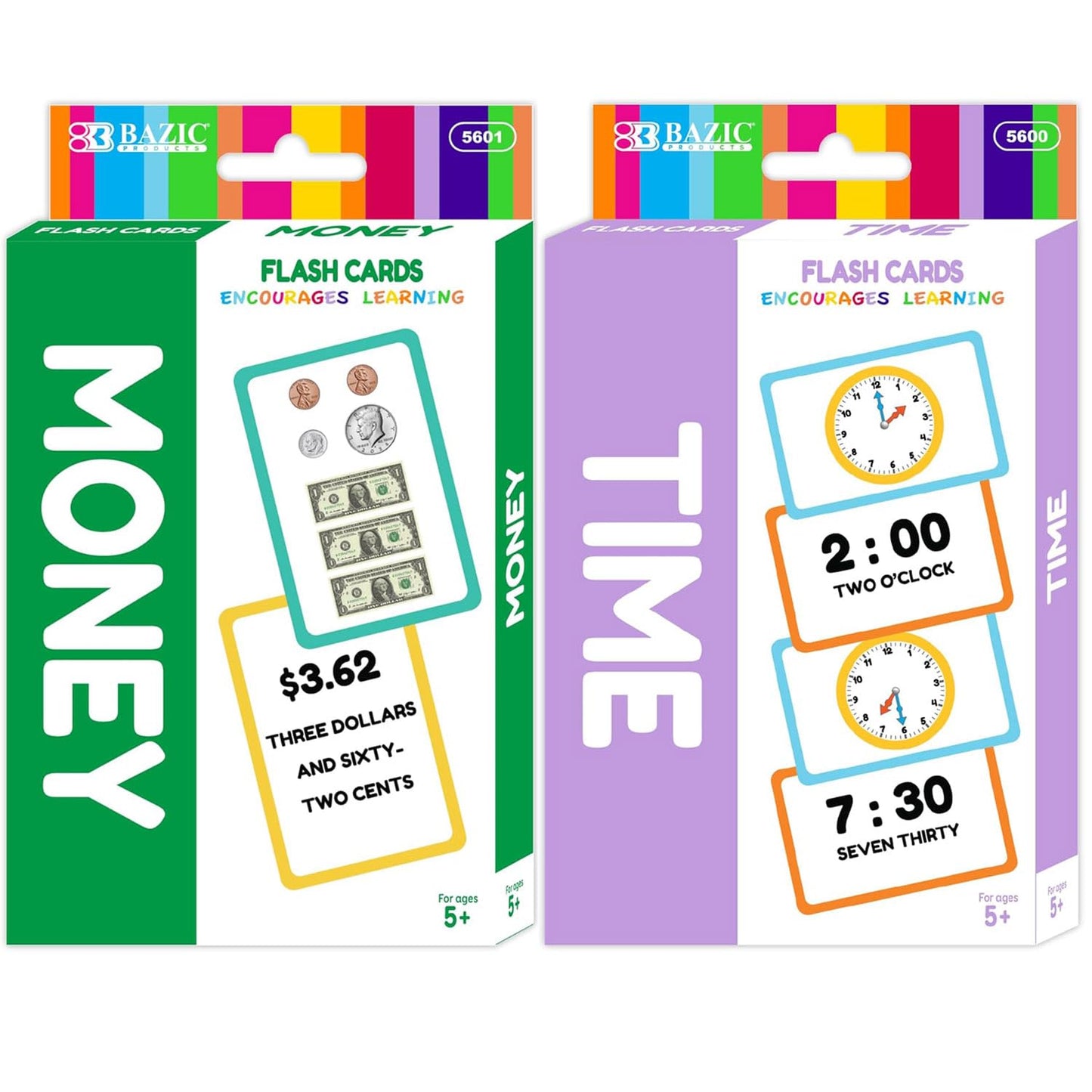 Addition and Subtraction Flash Cards Set for Parents, Educators, Self Study Math Learning Educational Cards - 35 Cards + 1 Instruction Card per Set - 2 Sets (Time & Money)