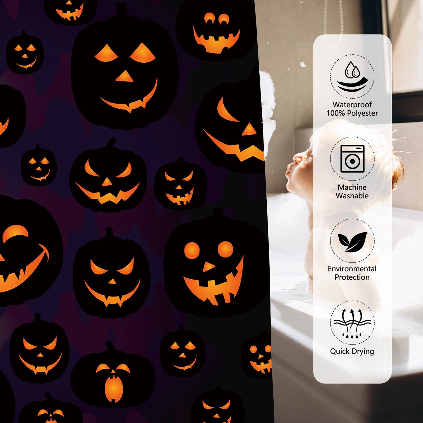 MEHOFOND Halloween Pumpkin Shower Curtain - Evil Purple Fall Bathroom Decor - Washable Durable Fabric 72x72 Inch