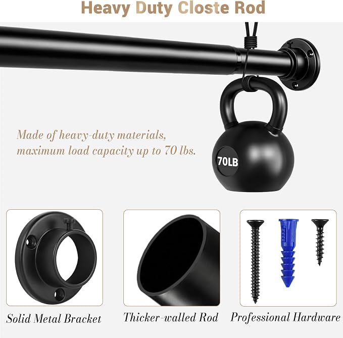 Closet Rod Adjustable 17 to 128 Inch, 1-1/4” Diameter, Closet Rods for Hanging Clothes, Stepless Metal Heavy Duty Hanging Rod for Closet Wardrobes Laundry RV (Black)