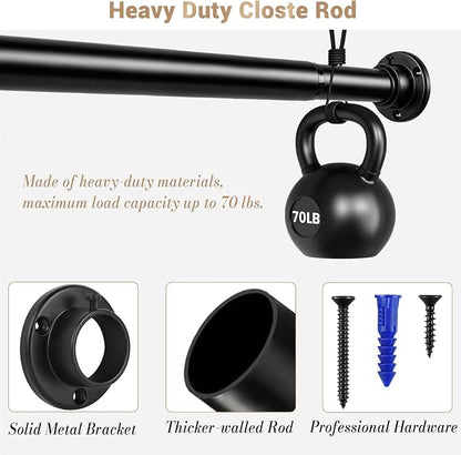 Closet Rod Adjustable 17 to 53 Inch, 1-1/4” Diameter, Closet Rods for Hanging Clothes, Stepless Metal Heavy Duty Hanging Rod for Closet Wardrobes Laundry RV (Black)