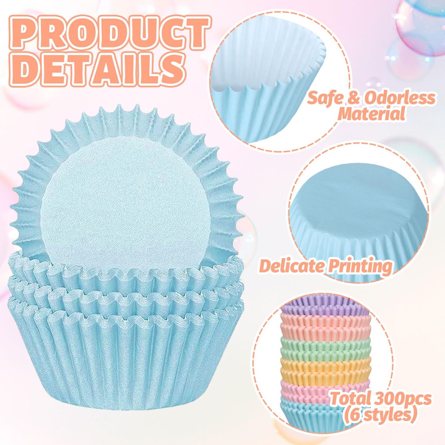 Whaline 300Pcs Colorful Cupcake Liners Pastel Color Cupcake Wrappers Baking Cup Light Pink Blue Purple Yellow Orange Green Muffin Liners for Spring Easter Baby Shower Gender Reveal Wedding Birthday