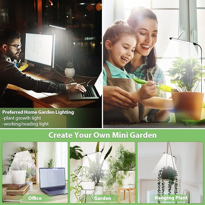 Grow Light for Indoor Plants Growing, 6000K Full Spectrum Gooseneck Plant Lamp for Seedings Succulents Small Plants, Auto On/Off Timing & 5 Dimming, 3-Pack
