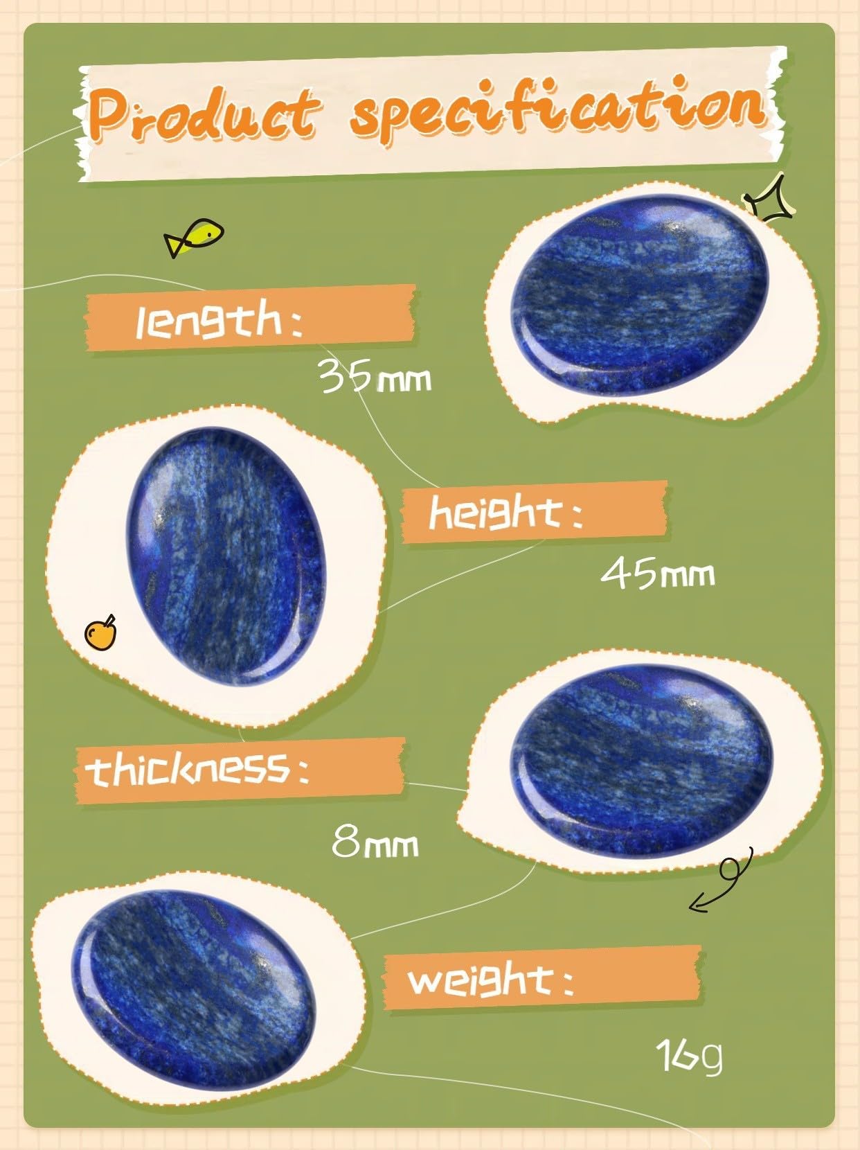 NUKAYAI Thumb Worry Stone Lapis Lazuli Stone Crystal Natural Healing Crystals Oval Tiny Stress Relief Gifts Small Trinkets Fidget Palm Meditation Accessories Anxiety Relief Items for Women Men
