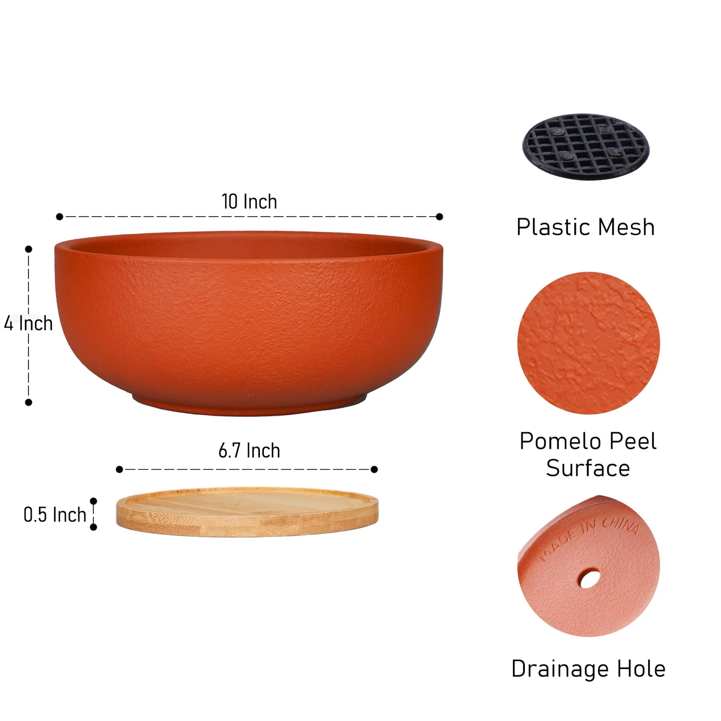 SQOWL 10 Inch Large Terracotta Planter Pot,Clay Succulent Bonsai Planter with Drainage Hole and Bamboo Saucer for Indoor Plants