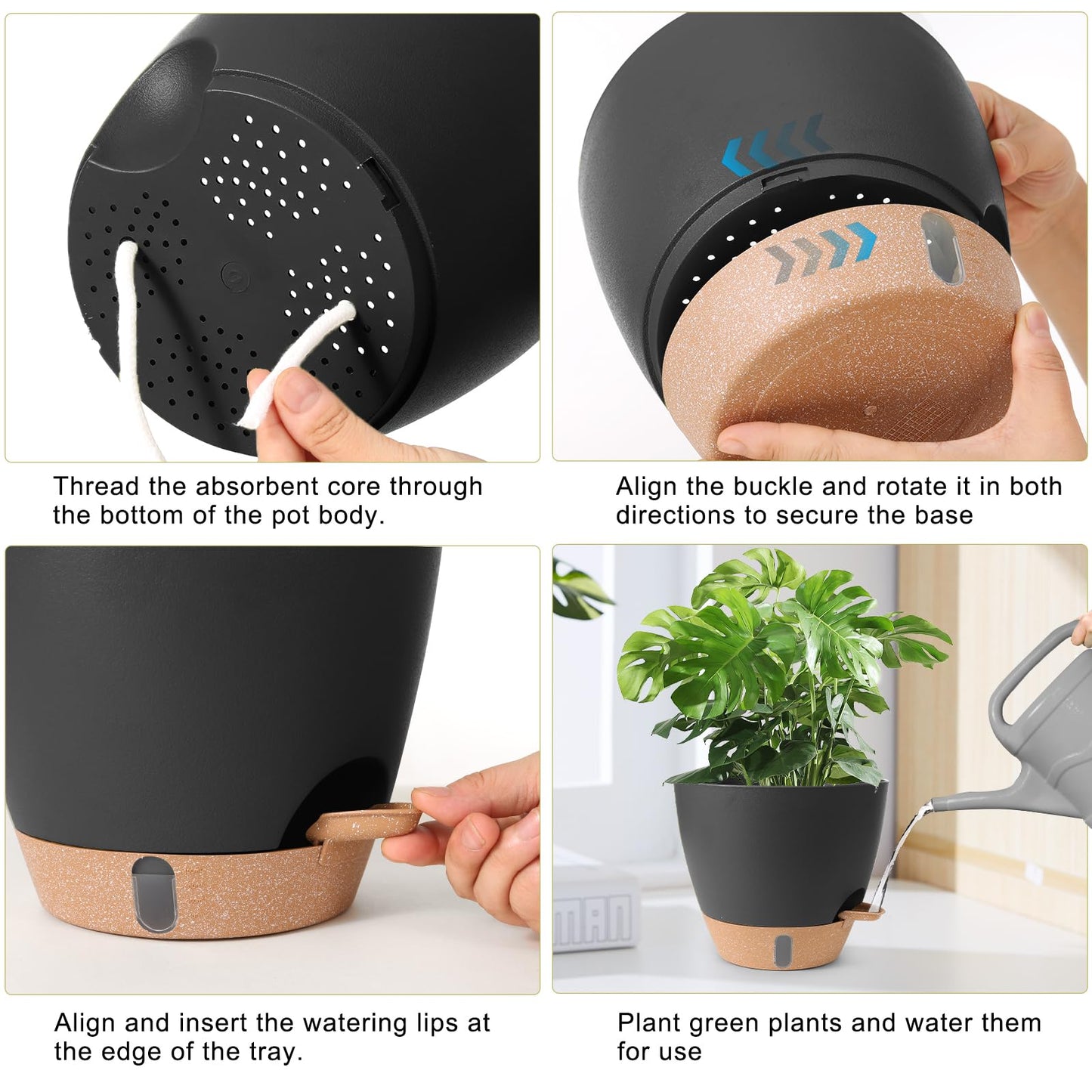 WEICHENGXING Plant Pots,12/10/9/8/ Inch Large Plastic Self Watering Flower Pots Indoor Outdoor with Drainage Holes, Deep Reservoir,Nursery Planting Pot for Indoor Out Door Plants Black