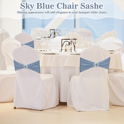 VitalCozy 100 Pcs Spandex Chair Sashes with Crown Buckle Slider Stretch Chair Bands Cover Ties for Wedding, Banquet, Gala, Corporate Event, Birthday Party, Baby Shower(Dusty Blue)