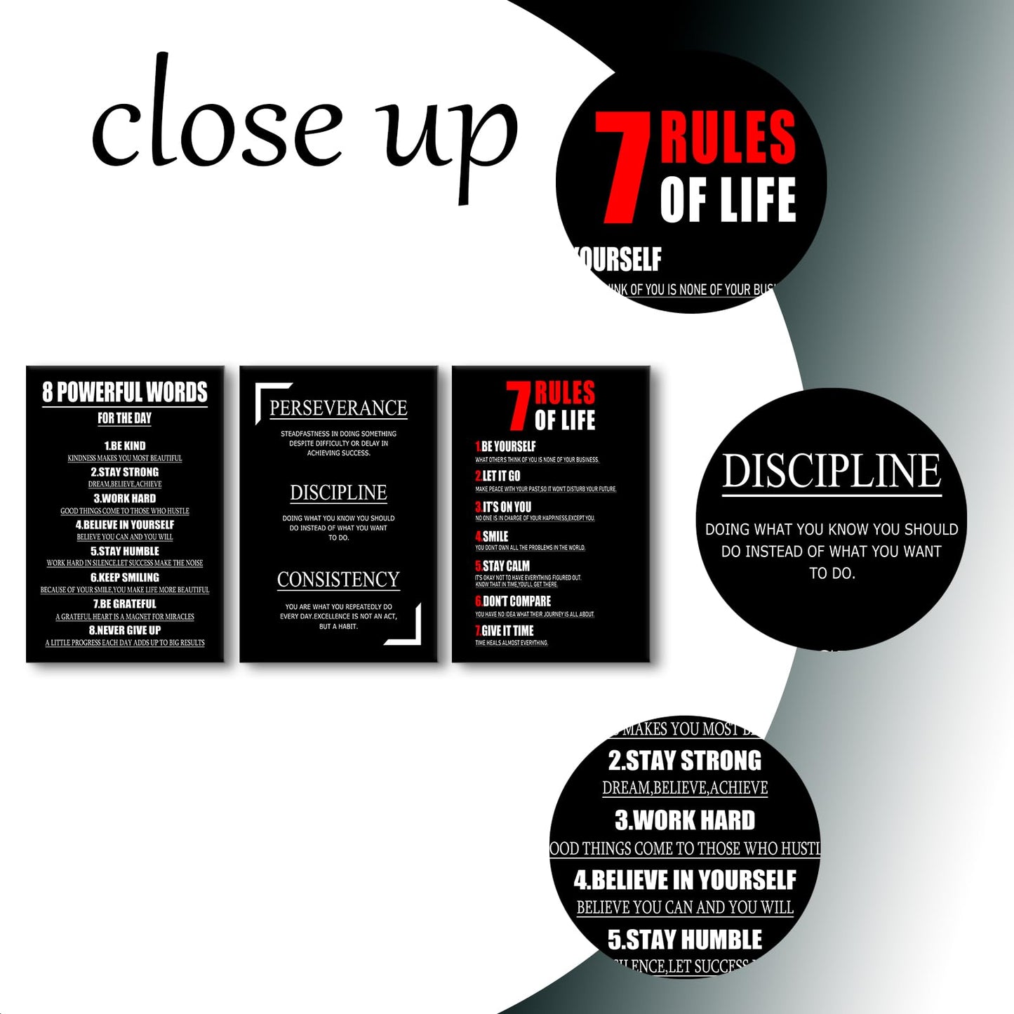 YSPCSUN Triptych Wall Decor Inspirational Posters for Office, Black White Perseverance Discipline Consistency 3 Panel Canvas Prints for Home Office Dorm, 48x24 Inch Display