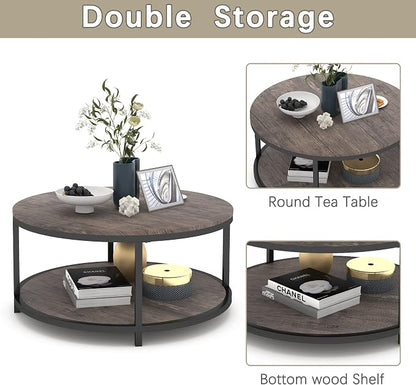 NSdirect Round Coffee Table,36" Coffee Table for Living Room,2-Tier Rustic Wood Desktop with Storage Shelf Modern Design Home Furniture(Light Walnut)