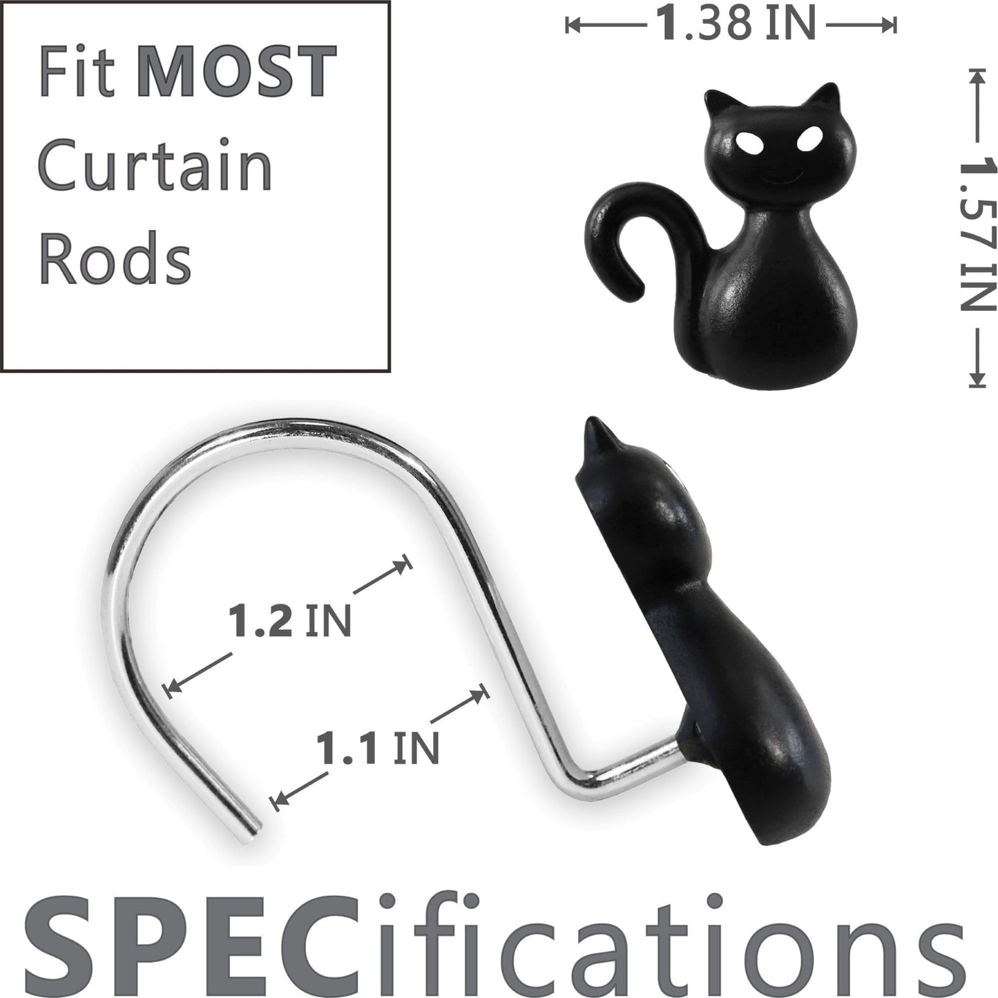 Halloween Black Cat Shower Curtain Hooks：12 Pcs Cute Spooky Gothic Cat Design with Rustproof Stainless Steel Rings - Haunted House Witchy Ghost Horror Theme Decorative Hooks for Bathroom Bedroom Décor