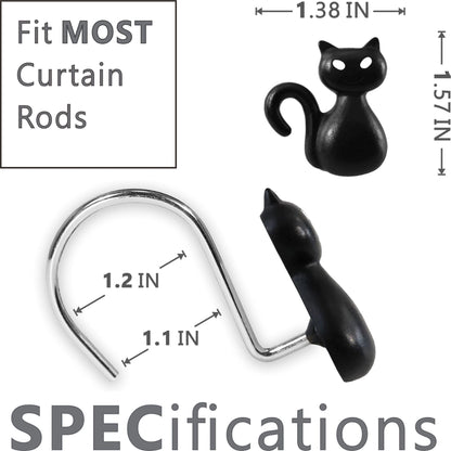 Halloween Black Cat Shower Curtain Hooks：12 Pcs Cute Spooky Gothic Cat Design with Rustproof Stainless Steel Rings - Haunted House Witchy Ghost Horror Theme Decorative Hooks for Bathroom Bedroom Décor