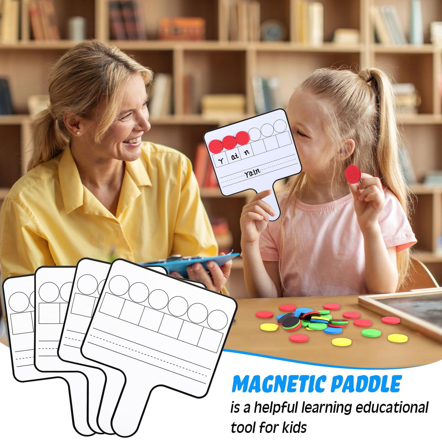 Seajan 9 Pcs Magnetic Paddle Set Education Dry Erase Double Side Handheld Answer Board with Magnetic Counters Discs Phonemic Awareness Phonics Games Toy for Students Kids Teaching Supply (Black)