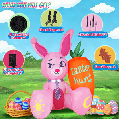 5.15FT Easter Inflatable Bunny Outdoor Decorations, Pink Rabbit with Orange Carrot, Built-in LED Lights and Anchor Kit, Blow Up Yard Decor for Garden, Lawn, Patio, Easter Egg Hunt Party