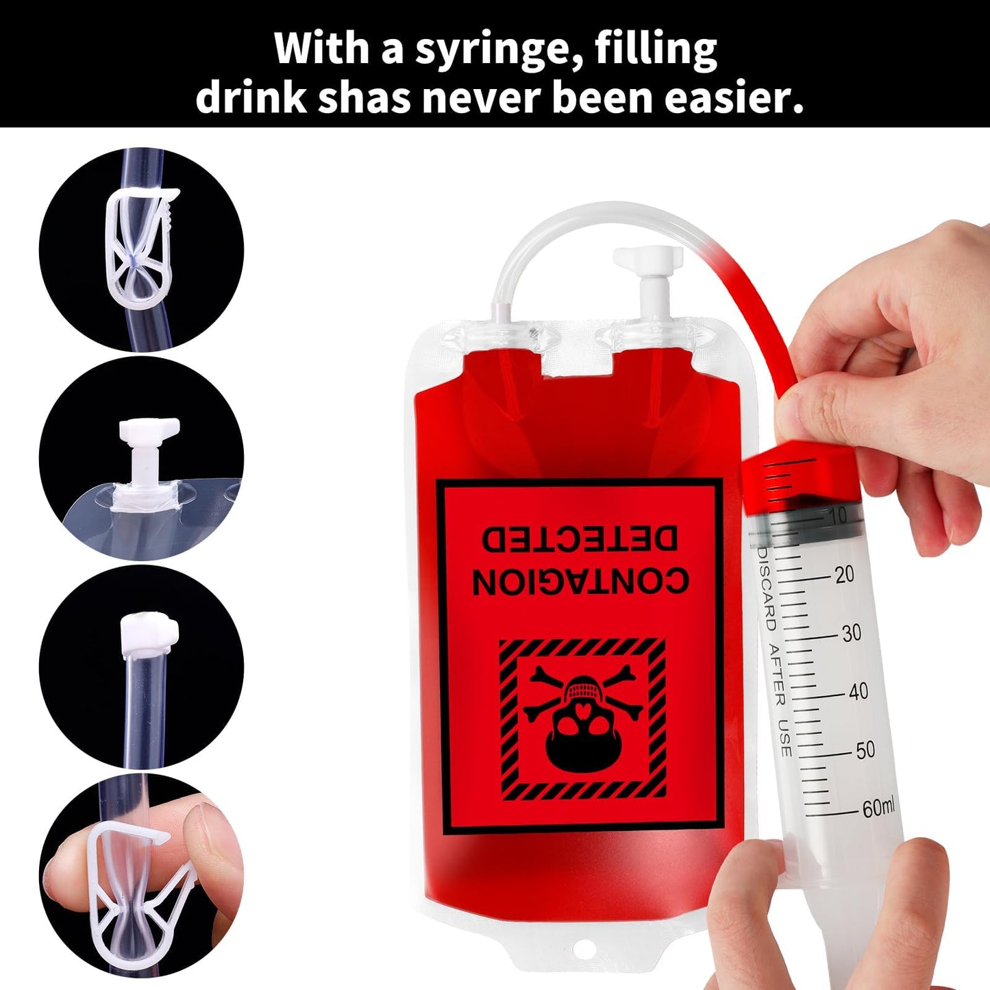 Garma 48 Pack 10oz Blood Bags for Drinks, 8 Design Halloween IV Bag for Drinks Reusable Drink Pouches Containers with Syringes Clips Pouch Prop for Vampire Zombie Hospital Theme Party Favors Supplies