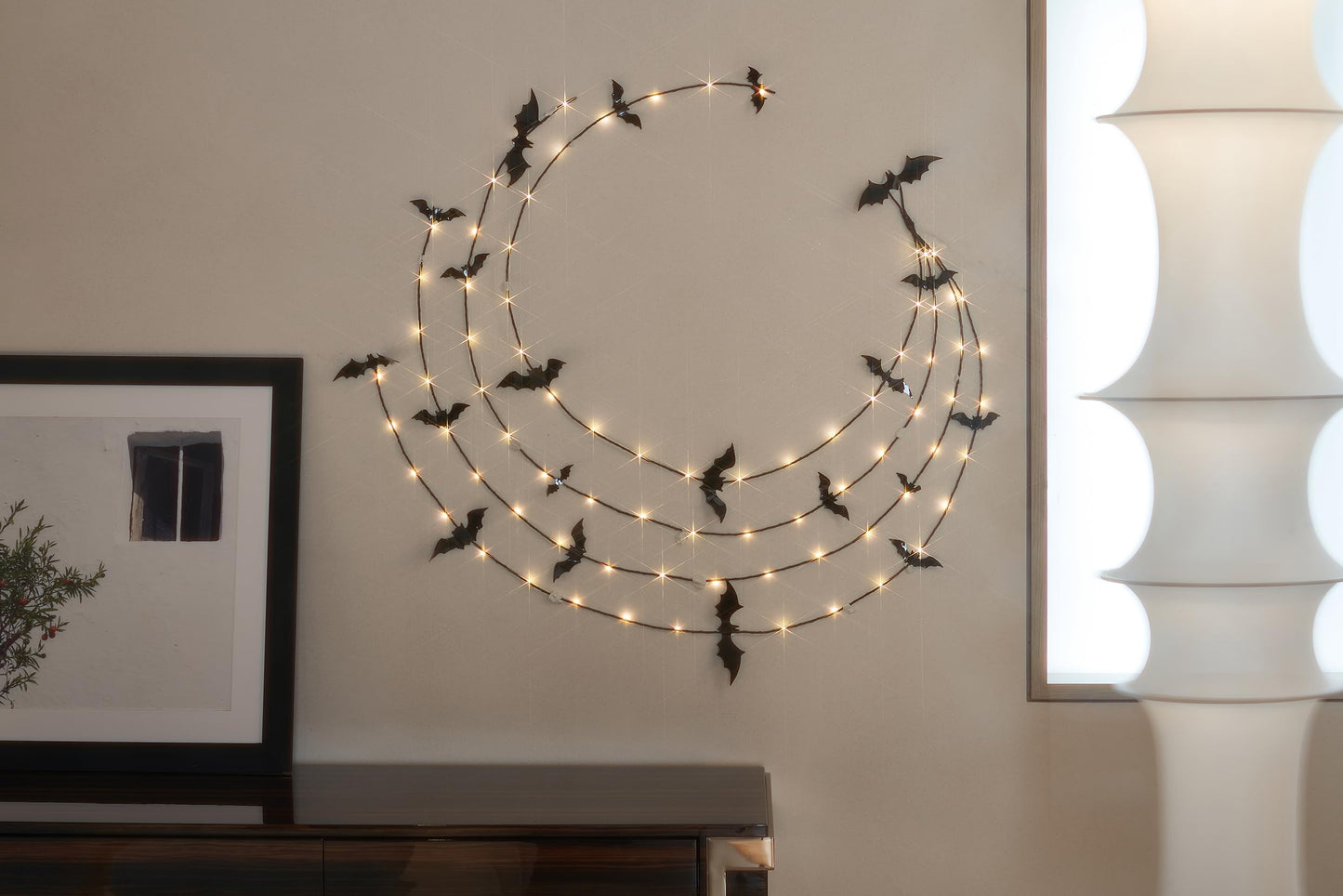 LITBLOOM Halloween Garland with Lights 6FT 80 Orange and Warm White Fairy Lights, Lighted Black Garland Battery Operated with Timer Lit Bats for Wall Porch Decoration (2 Pack)