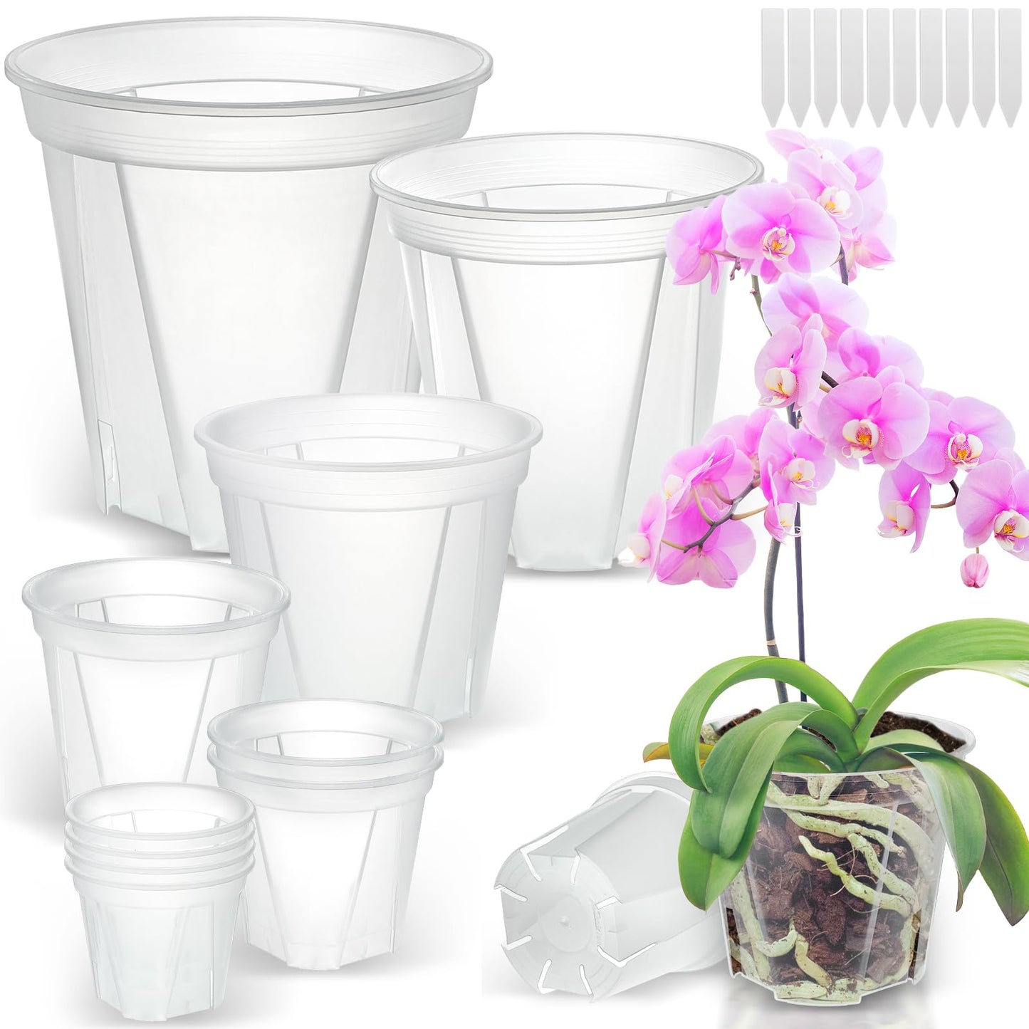 Clear Nursery Pots with Drainage, 10 Pack Transparent Plastic Orchid Planters, 6 Sizes Plant Pots 9.5/8.5/7/6/4.7/4 Inch with 10 Plant Labels for Seedlings, Succulents, Indoor/Outdoor Repotting