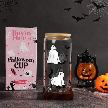 Halloween Ghost Cat Cups - Cute Halloween Gifts Spooky Boo Basket Stuffers for Women Teens Boy Girls Kids - 16oz Glass Iced Coffee Cup w/ Lids and Straw - Ideal for Trick or Treat Party Favors Decor