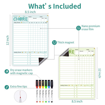 Magnetic Dry Erase Chore Chart - 8.5"x12" Behavior Responsibility Chore Board for Kids, Teenagers - 6 Extra Fine Point Markers Included - Shipped Flat 2 Pcs Blue & Green
