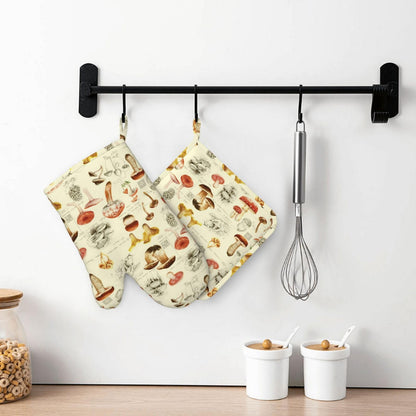 MIFSOIAVV Mushroom Oven Mitts and Pot Holders Sets Silicone Vintage Mushrooms Kitchen Mitts Potholders Heat Resistant 4Pcs Oven Gloves Hot Pads for Kitchen Baking Cooking BBQ Grilling