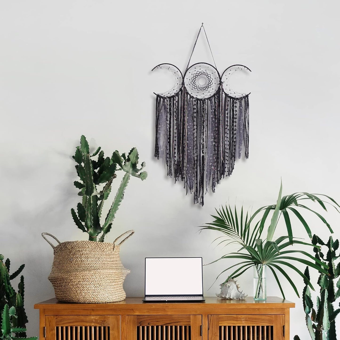 ANROYE Black Triple Moon Goddess Macrame Wall Hanging, Wicca Crescent Dream Catcher for Witch Home, Dreamcatcher for Bedroom Decoration, Pagan Woven Tapestry for Wiccan Adults Decor