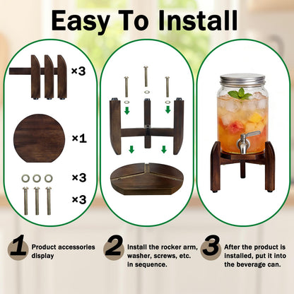 Homeqttomt Drink Dispenser Stand Adjustable Width for 5-Gal Jugs & Beverage Jars with Round Flat Tray - Sturdy Walnut Holder for Water Coolers, Plant Pots (Walnut wood color)