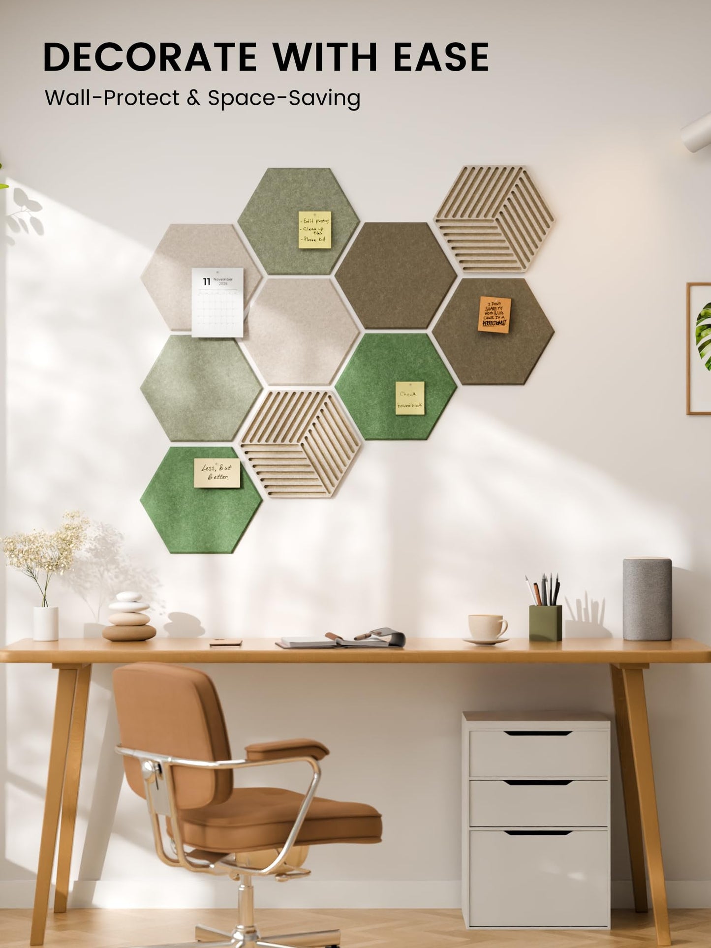 Fluxynara Hexagon Cork Board Alternative for Walls Decor-10-Pack Felt Bulletin Board Tiles,with 30 Pushpins,50 Adhesive Tabs for Office,Classrooms & Home Pin Board Felt Board-Moss Haven