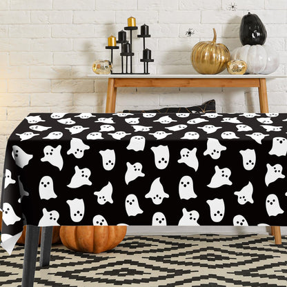 JarThenaAMCS Halloween Ghost Tablecloth Black White Cute Ghost Table Cover 60 x 104 Inch Table Cloth for Birthday Baby Shower Trick or Treat Party Supplies Decoration