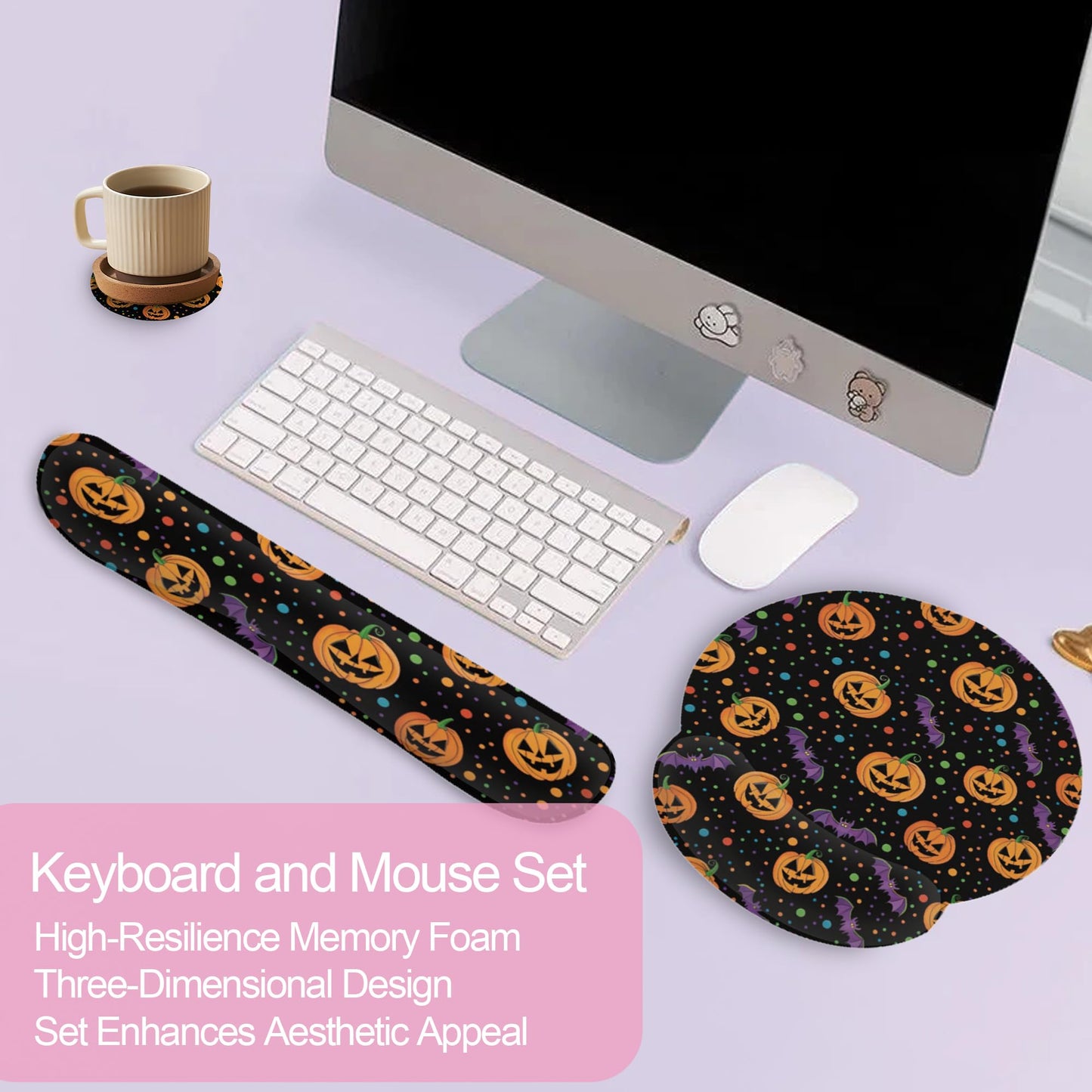 Halloween Pumpkin Bat Keyboard Wrist Rest Pad Mouse Pad Set,Ergonomic Mousepad Wrist Support Memory Foam Desk Pad for Gaming Office,Non-Slip Rubber Base Easy Typing for Home Office Computers