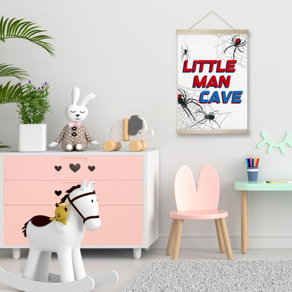 RZQIJ Spider Little Man Cave Sign Hanging Wall Flags Canvas Banner 12x16 Inch - Baby Boy Nursery Decor for Room, Bedroom, Playroom - Nursery Wall Decor - Poster Hanger Frame for Kids(036)