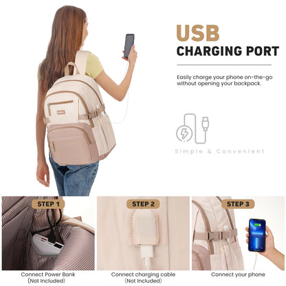 WINDARS Backpack for School Girls, Cute High School Backpacks for Teens Women Student Large Bookbag 15.6 Inch Laptop Bag with USB Charger Port for College Work Travel Trip (Khaki Beige)