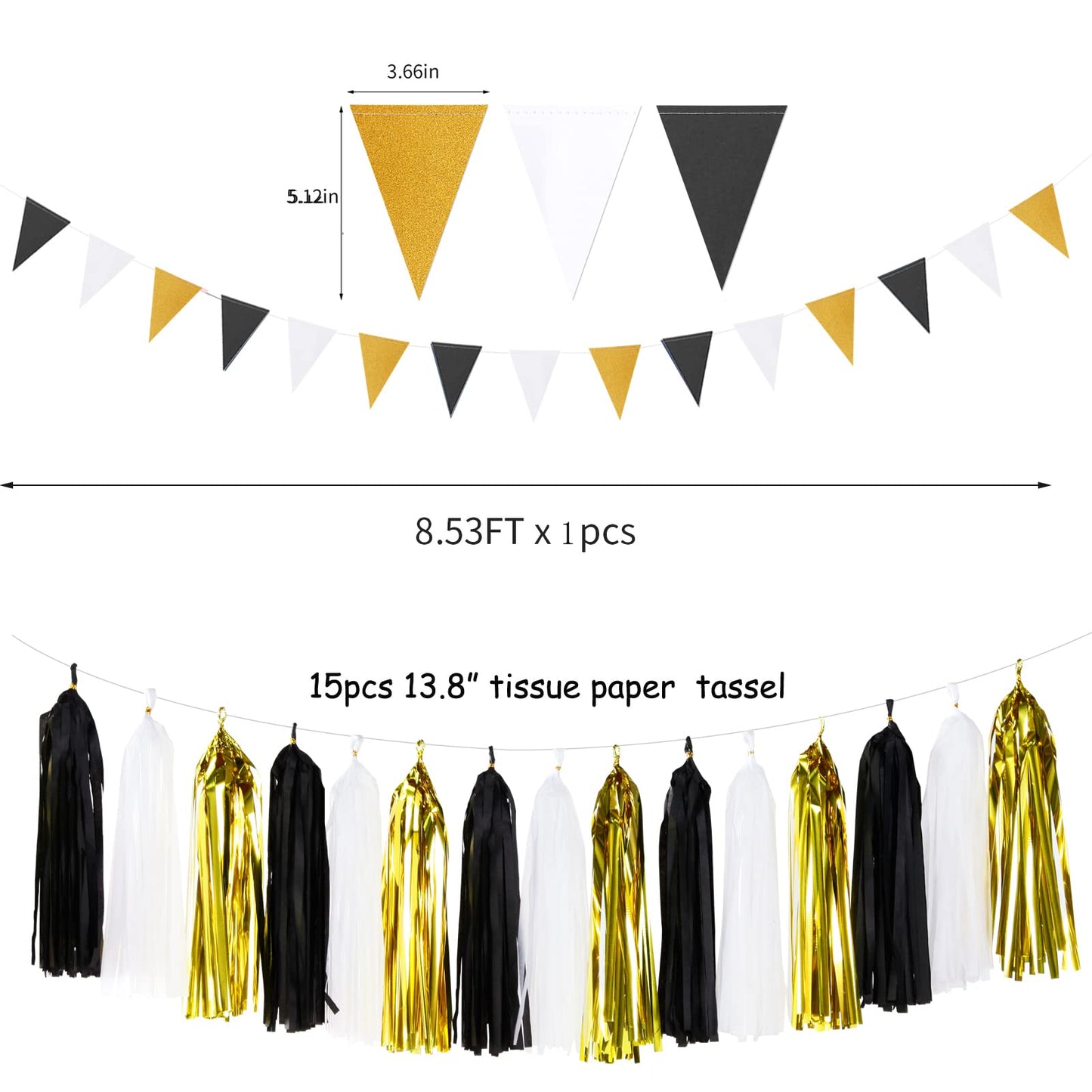 Black Gold Graduation Party Decorations - 23pcs Kits Farewell Tissue Pom Poms Flowers,Streamers Banner,Tassel Garland 50th Men Birthday Bachelorette Baby Shower Decoration Bunting Lasting Surprise