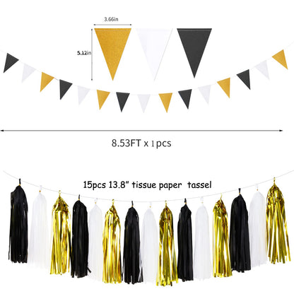 Black Gold Graduation Party Decorations - 23pcs Kits Farewell Tissue Pom Poms Flowers,Streamers Banner,Tassel Garland 50th Men Birthday Bachelorette Baby Shower Decoration Bunting Lasting Surprise