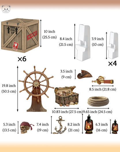 KARAQY Pirate Party Decorations – 10 Inch Imitation Wooden Boxes with Pirate Treasure Chest, Trunk or Treat Car Decor Kit for Birthday, Halloween, Adventure Party, Photo Booth Props