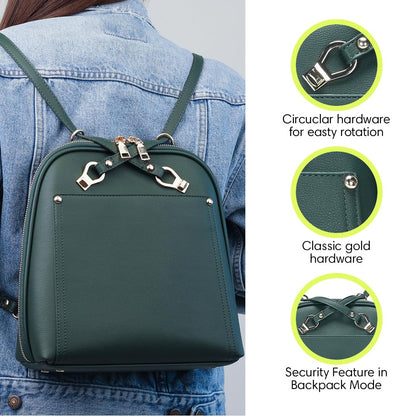 MMS Brands Miztique Daisy Convertible Backpack Purse for Women | Vegan Leather Shoulder Strap Bag or Convertible Backpack | (Emerald)