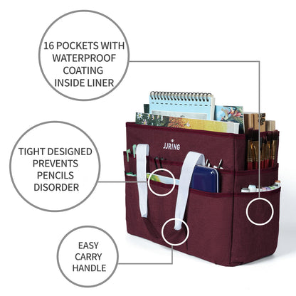 JJRING Craft Organizer Tote Bag, Large Art Storage Caddy with Multiple Pockets, Dark Red Sewing Bag for Art, Craft, Scrapbooking, Medical, and Office Supplies Storage