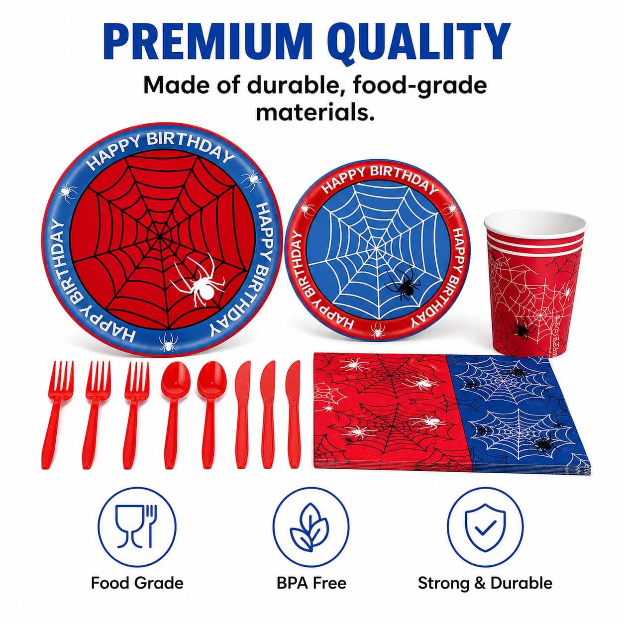 202Pcs Spider Birthday Decorations Party Supplies, Includes Plates Napkins Cups Cutlery Banner Balloons Cake Toppers, Serve 24