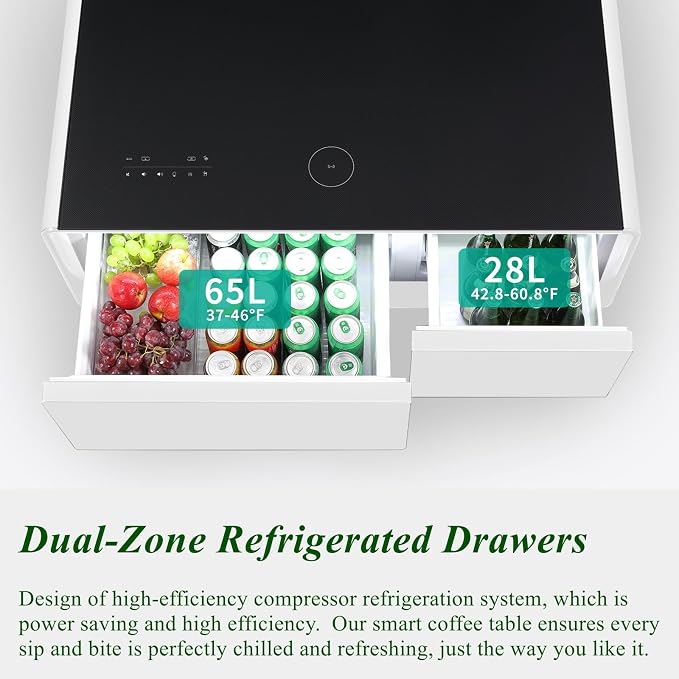 Smart Coffee Table with Fridge and Bluetooth Speakers, Smart Refrigerator Table with 15W Wireless Charger, Touch Control Panel, USB Port, Atmosphere Light and More, LT90 Pro-White