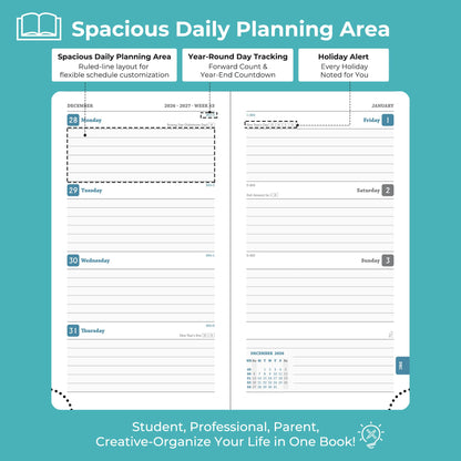IN-LUXPRO Planner 2026-2027 Daily Weekly and Monthly,6.5"x3.75",18 Months Spiral Bound Calendar Agenda with Self-adhesive Pen Holder,2026 Academic Plan with Vegan Leather Soft Cover,Light Blue