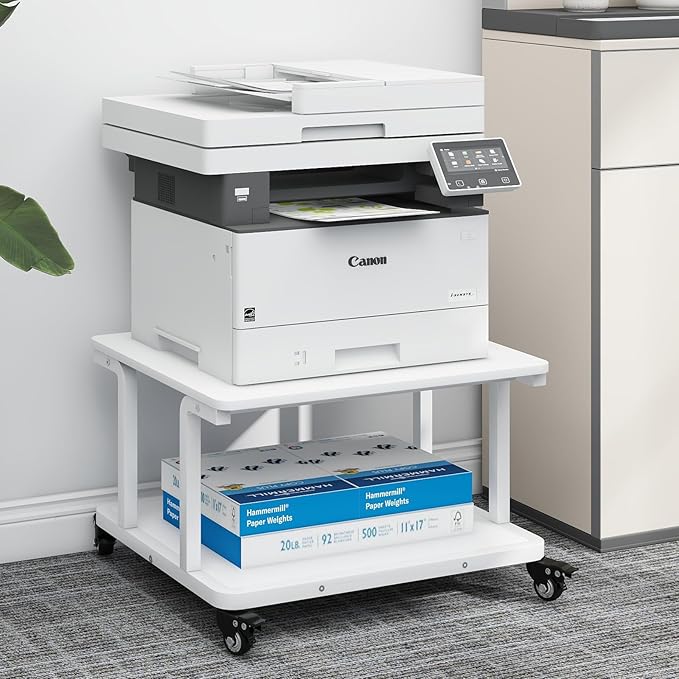 Natwind 2 Tier Laser Printer Stand,24''x20''x15'' Large Printer Table Copier Stand Under Desk,Heavy Duty Rolling Cart with Paper Storage Shelf,Printer Holder on Wheels for Home Office (White)