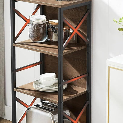 MNEETRUNG Small Bookshelf,5 Tier Industrial Bookshelf with Metal Frame and Backboard,Narrow Rustic Brown Book Shelf,Book case for Small Spaces,Living Room,Bedroom and Home Office