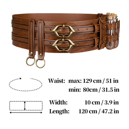HiiFeuer 5PCs Medieval Faux Leather Alchemy Wide Belt with Skirt Hike Potion Vials Glass Bottle, Fantasy Corset Belt Cosplay (Brown A)